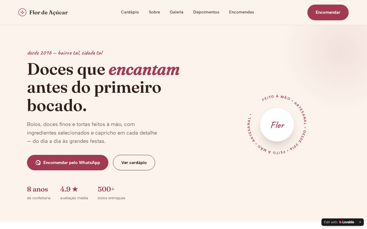 Página principal do site de Confeitaria